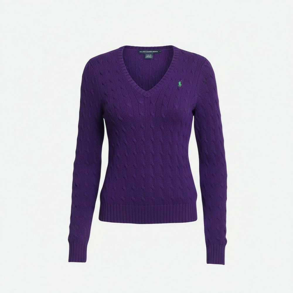 Ralph Lauren Sport Purple Cable Knit V-Neck Cotton Sweater Medium Green Pony